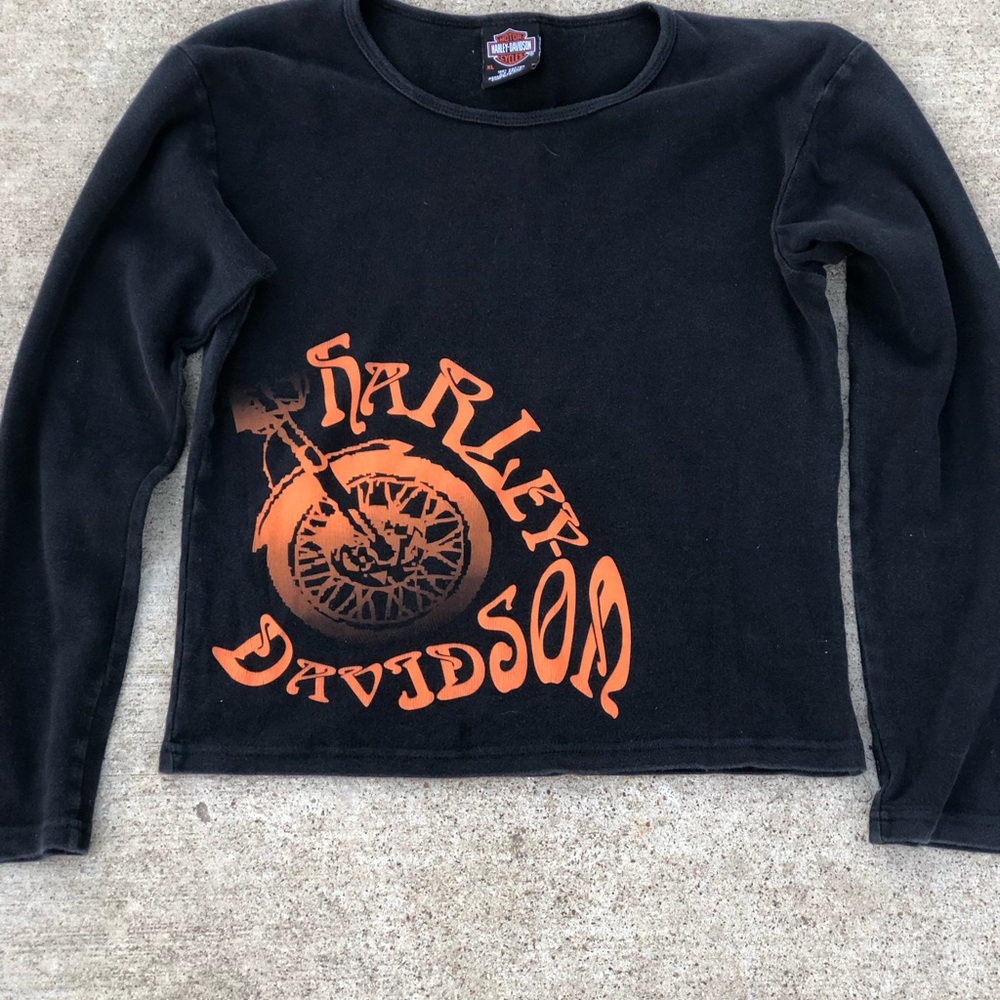 Harley Davidson Black and Orange Long Sleeve Shirt top